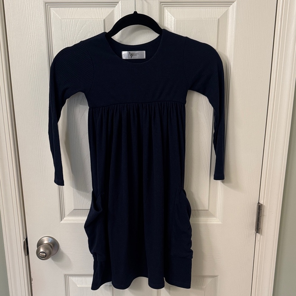 Girls' Navy Long-Sleeve Gathered Knit Dress